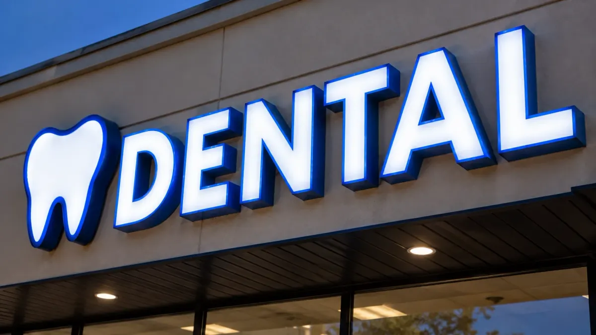 The same dental office sign after repair with every letter lit