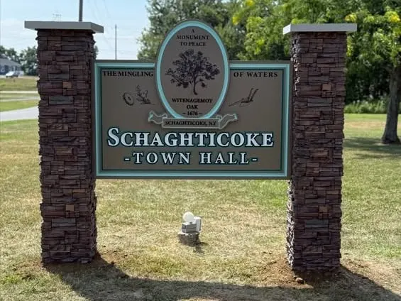 Schaghticoke Town Hall monument sign with stone pillars